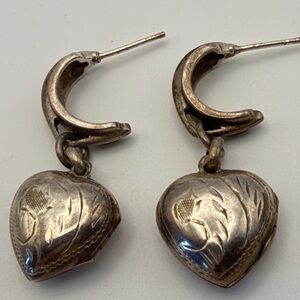 925 Silver Half Hoop Etched Heart Locket Dangle Drop Earrings